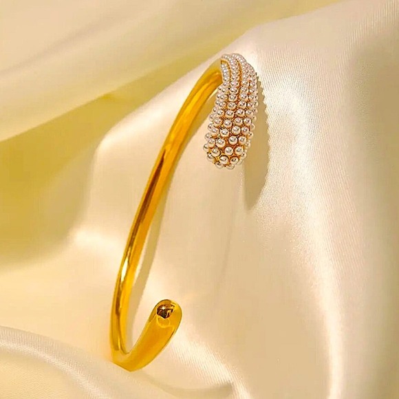 Luxury Pearl Irregular Bangle Cuff Edgy Geometric Gold Plated Women’s - Picture 7 of 9